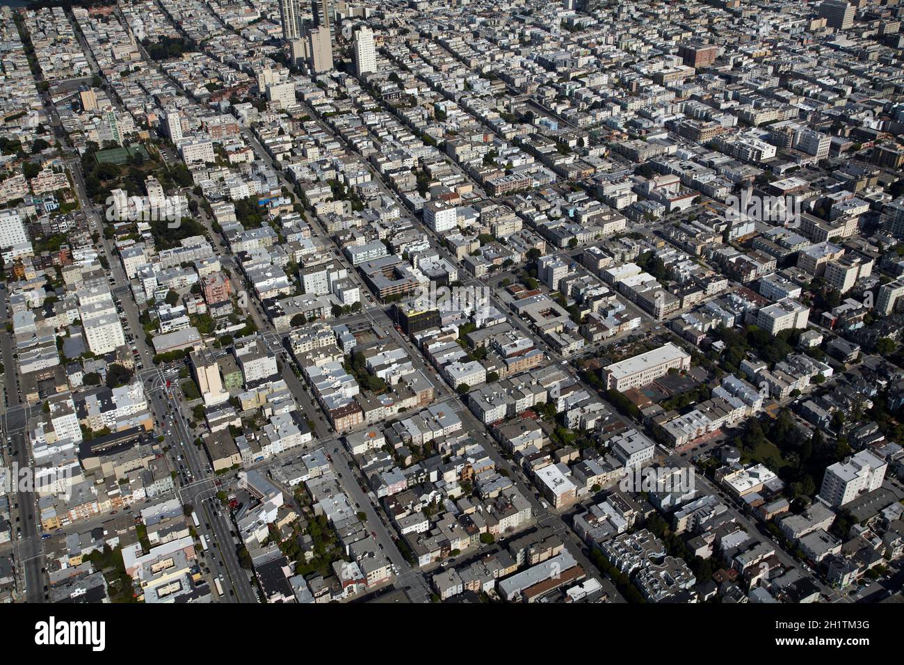 Russian Hill and Nob Hill neighborhoods, and downtown San Francisco, California, USA - aerial Stock Photo