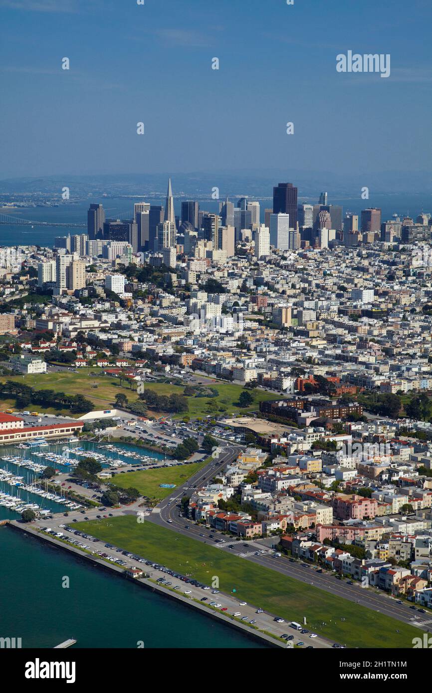 Marina Green, marina and downtown San Francisco, California, USA - aerial Stock Photo