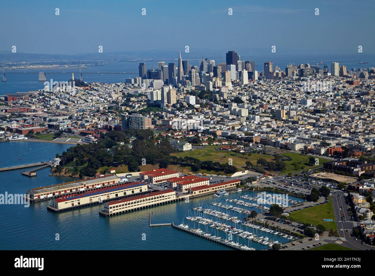 Fort Mason Centre, waterfront & downtown, San Francisco, California, USA - aerial. Stock Photo