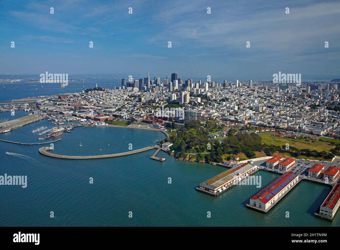 Fort Mason Centre, waterfront & downtown, San Francisco, California, USA - aerial. Stock Photo