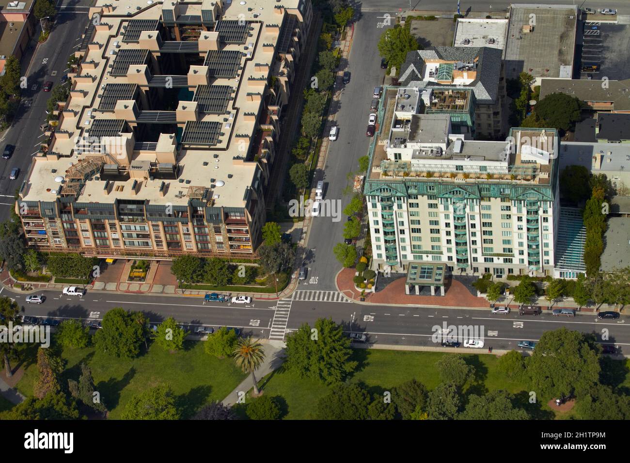 Gramercy On The Park, The Stratford, and San Mateo Central Park, San Mateo, San Francisco, California, USA - aerial Stock Photo