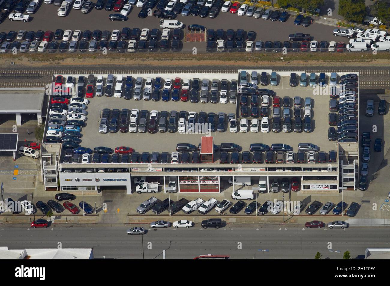 Putnam Car Dealer, California Drive, Burlingame, San Francisco, California, USA - aerial Stock Photo