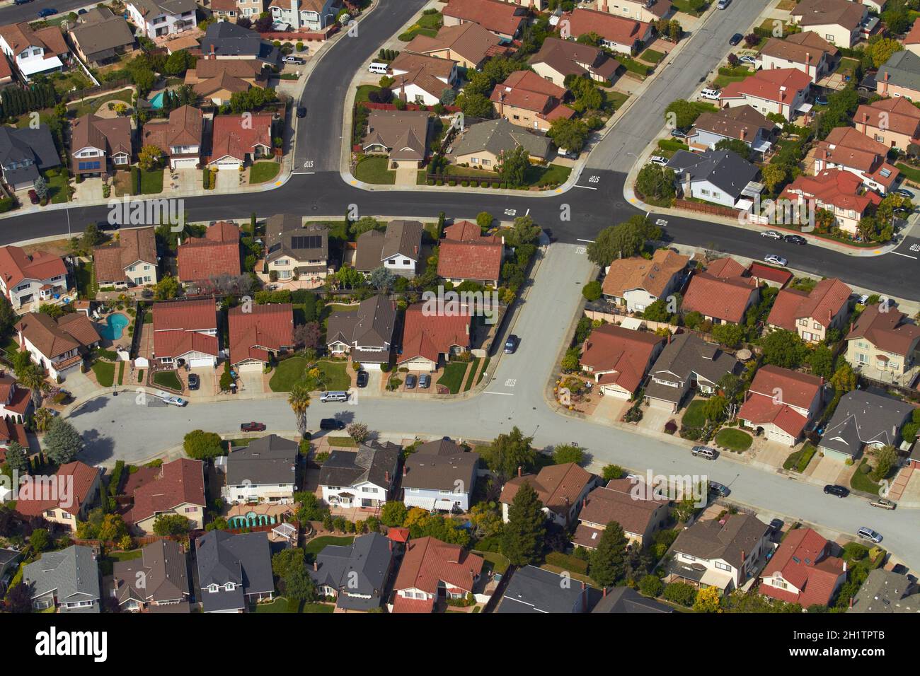 Aerial of houses in Woodbridge Circle, Belmont, San Mateo, San Francisco, California, USA. Stock Photo
