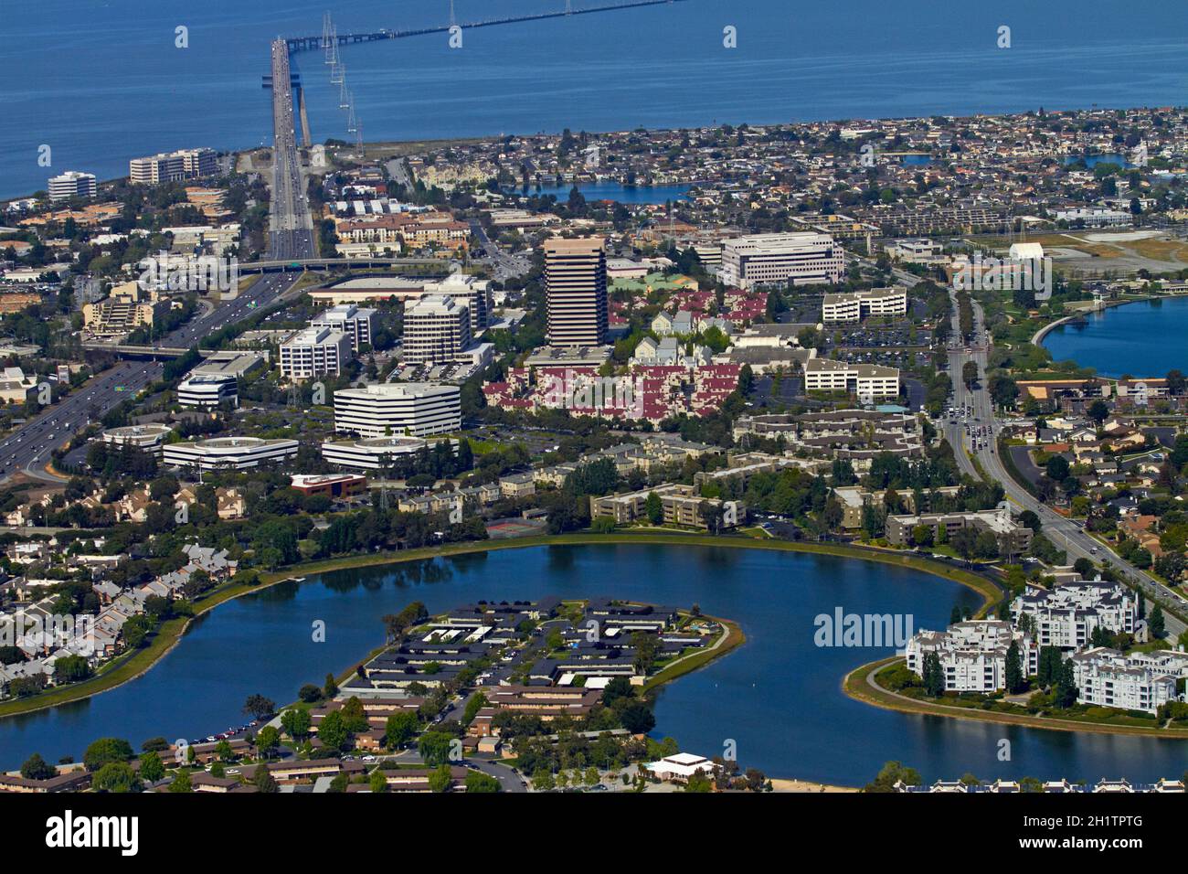Aerial of waterways & Foster City, San Mateo Bridge over San Francisco Bay, San Francisco, California, USA. Stock Photo