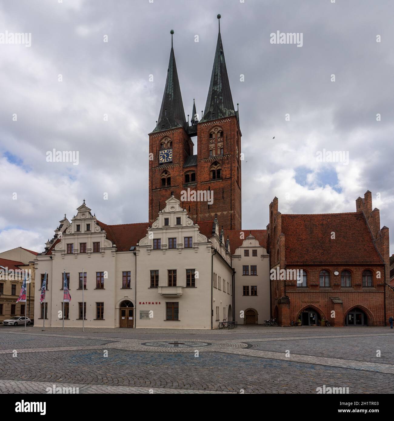 STENDAL, GERMANY - APRIL 24, 2021: Old town square and Town Hall. Hansestadt Stendal is a medieval town in Saxony-Anhalt state. Stock Photo