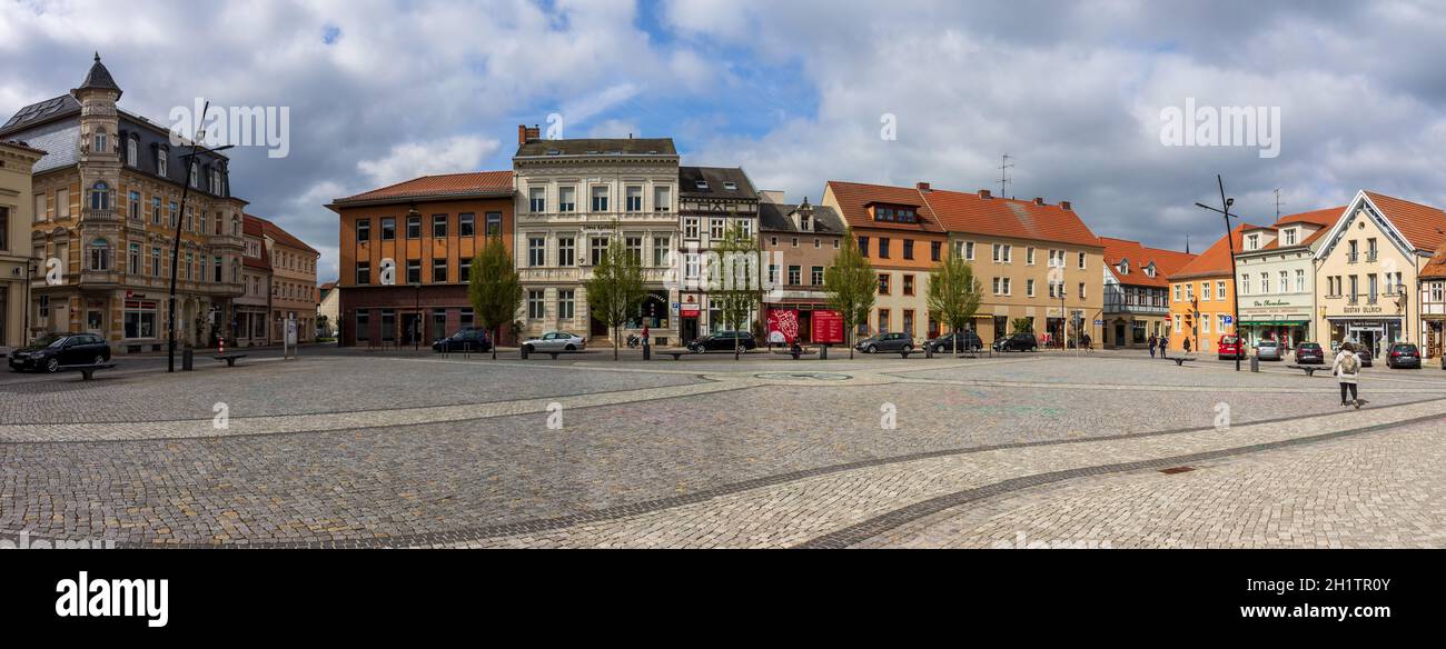 STENDAL, GERMANY - APRIL 24, 2021: Panoramic view of an old town square. Hansestadt Stendal is a medieval town in Saxony-Anhalt state. Stock Photo