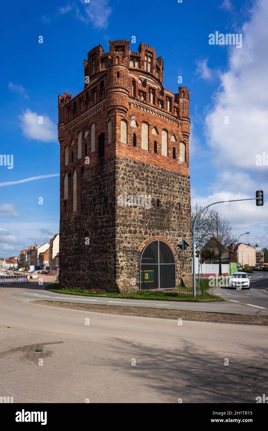 STENDAL, GERMANY - APRIL 24, 2021: Tangermuende Gate (old defense tower from the Middle Ages). Hansestadt Stendal is a medieval town in Saxony-Anhalt Stock Photo
