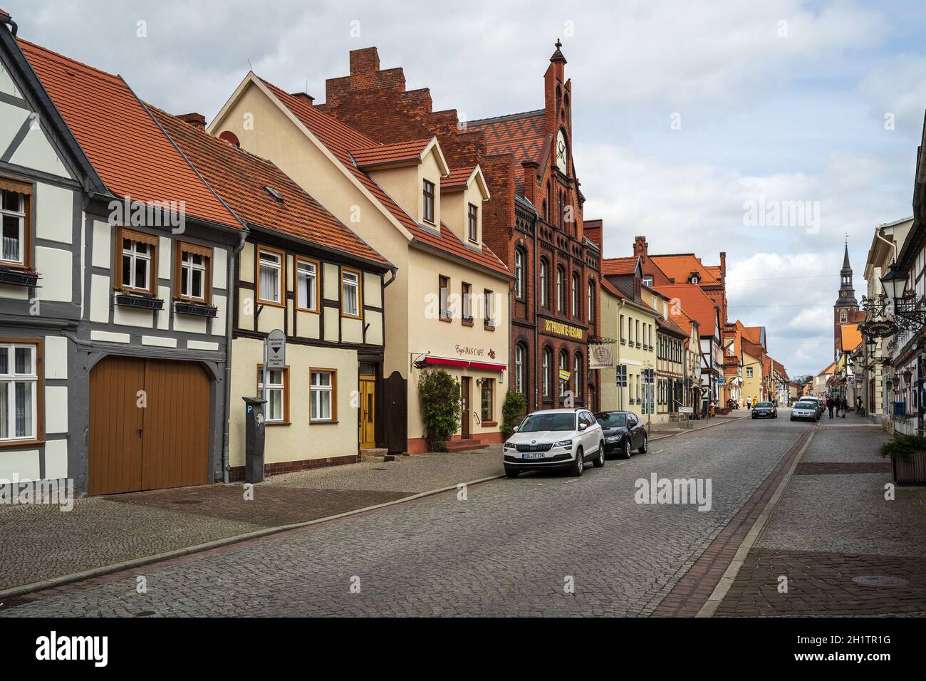 TANGERMUENDE, GERMANY - APRIL 24, 2021: Old street of a historic town of Tangermuende. Saxony-Anhalt state Stock Photo