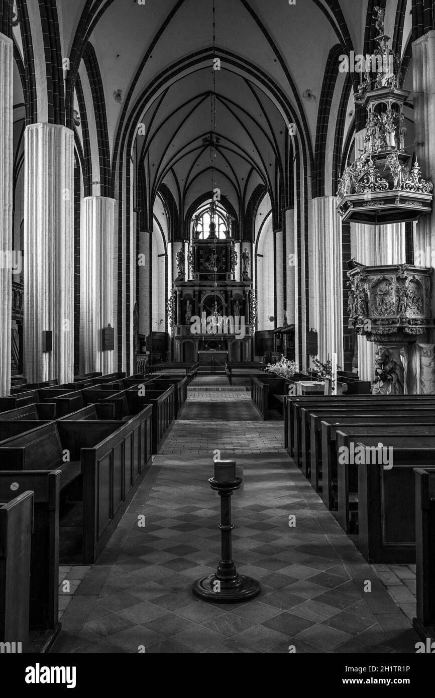 TANGERMUENDE, GERMANY - APRIL 24, 2021: Interior of St. Stephen's Church. The historic town of Tangermuende. Saxony-Anhalt state. Black and white. Stock Photo
