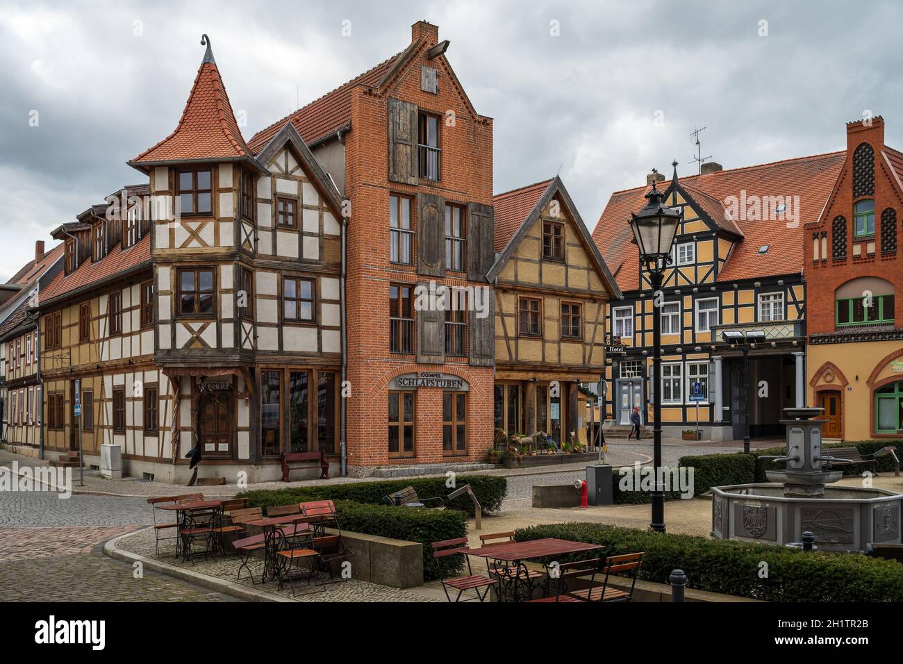 TANGERMUENDE, GERMANY - APRIL 24, 2021: Closed restaurant. Old street of a historic town of Tangermuende. Saxony-Anhalt state. Stock Photo