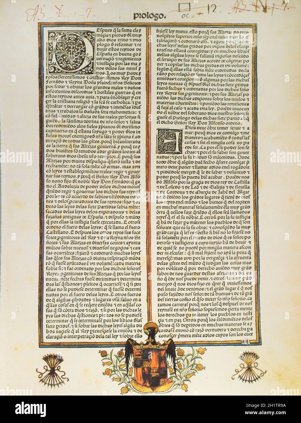 The Siete Partidas, Castilian statutory code first compiled by Alfonso X of Castile. Meinardo Ungut and Estanislao Polono 1491 Edition, El Escorial Li Stock Photo