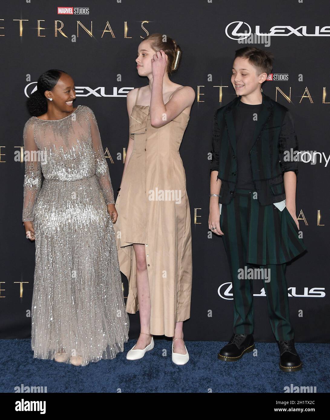 Los Angeles, USA. 18th Oct, 2021. (L-R) Zahara Jolie-Pitt, Shiloh Jolie-Pitt and Knox Jolie-Pitt arrives at Marvel Studios' ETERNALS Los Angeles Premiere held at The Dolby Theater in Hollywood, CA on Monday, ?October 18, 2021. (Photo By Sthanlee B. Mirador/Sipa USA) Credit: Sipa USA/Alamy Live News Stock Photo