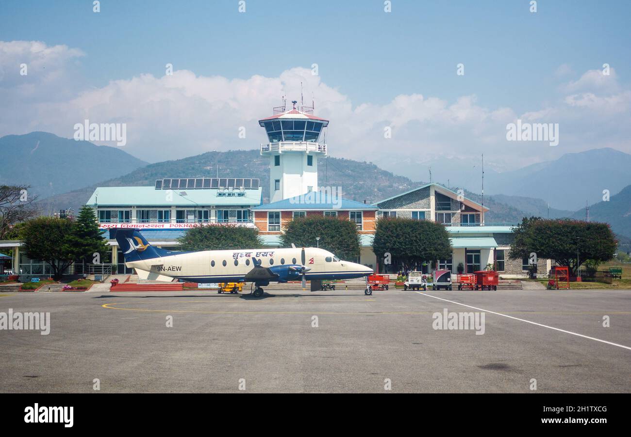POKHARA, NEPAL - CIRCA MARCH 2018: A Buddha Air Beechcraft 1900D airplane at Pokhara Airport. Stock Photo