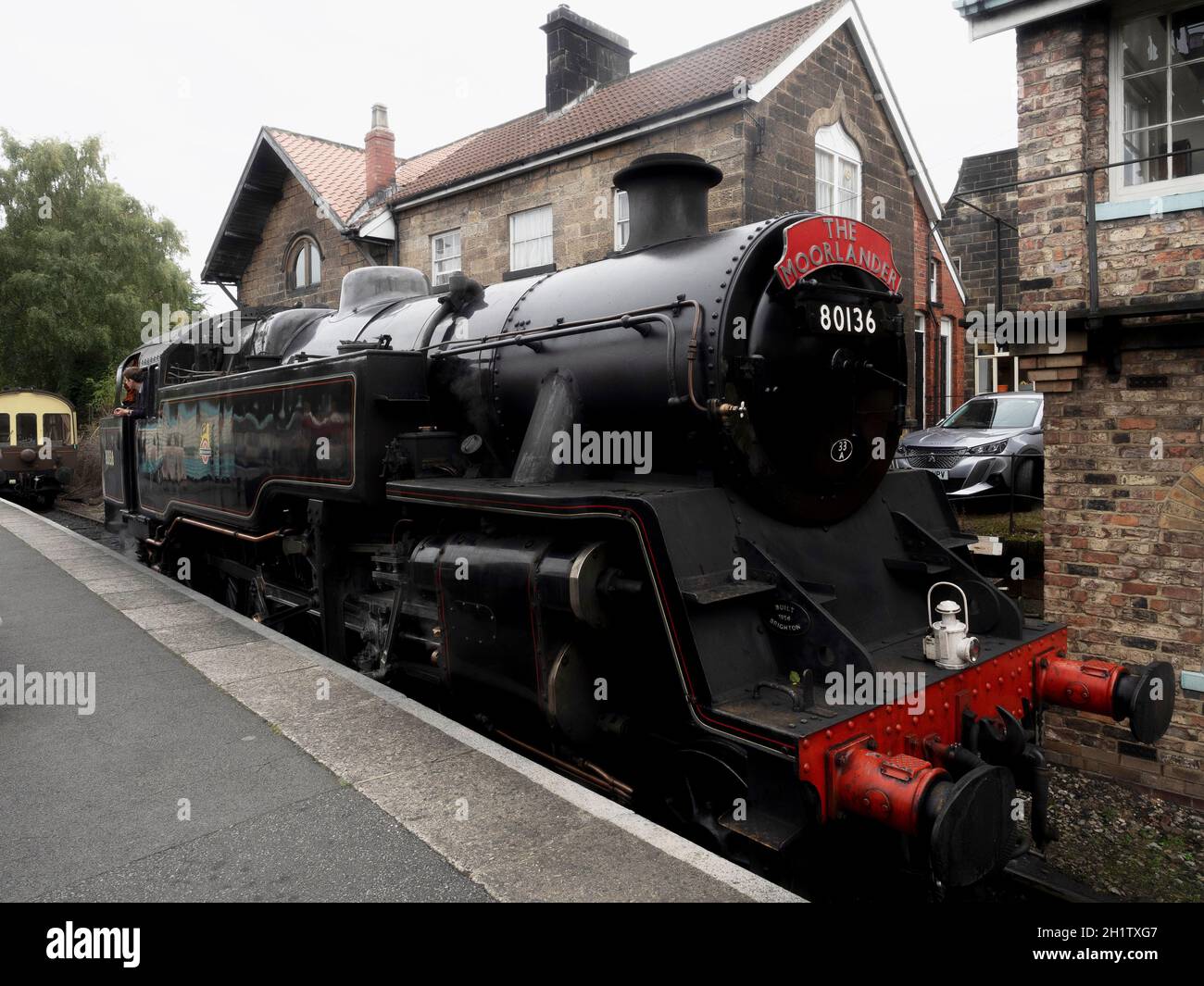 Steam locomotive 80136 standing at Grosmont on the North Yorkshire Moors Railway october 2021 Stock Photo
