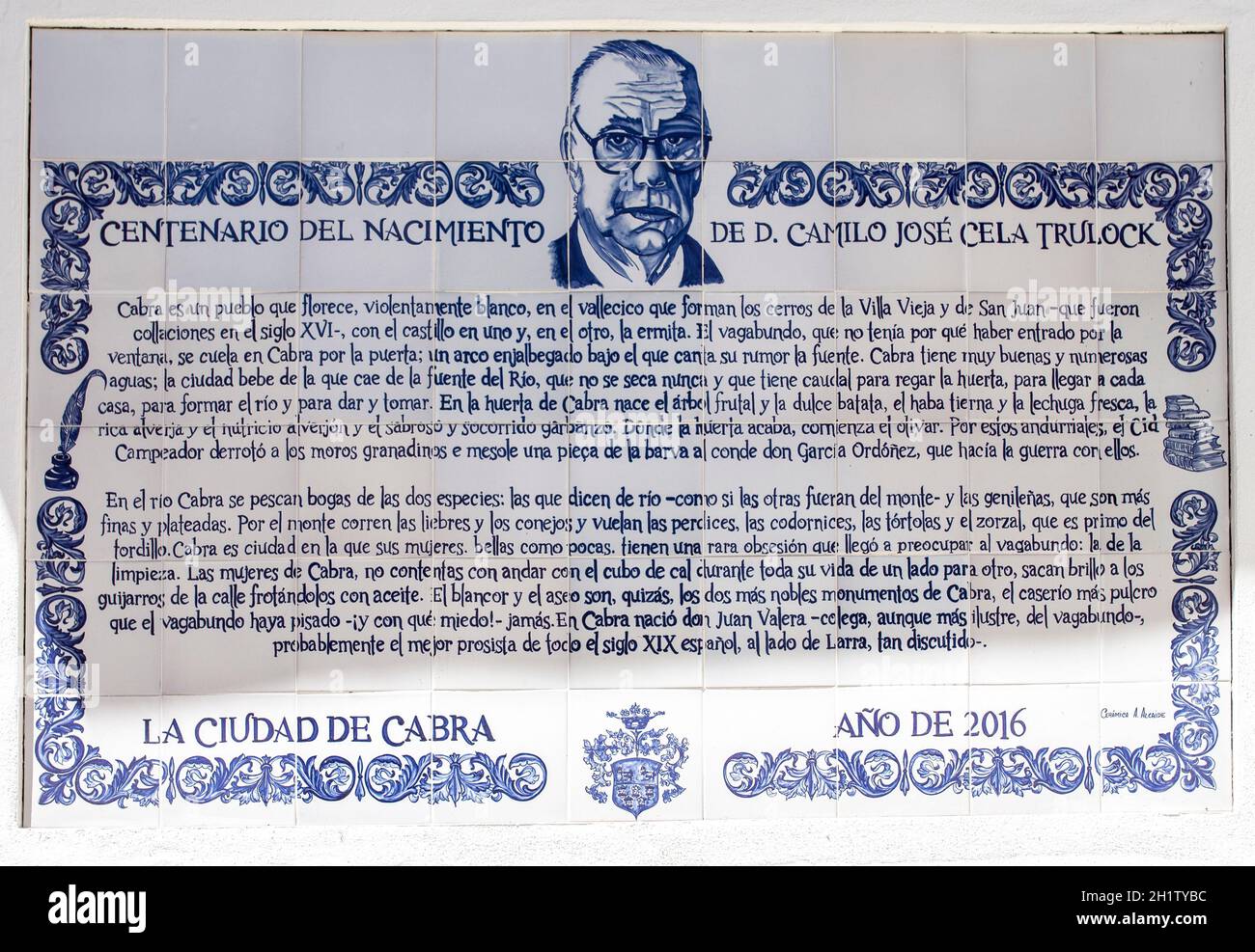 Cabra, Spain - May 19th, 2019: Memorial glazed tiled plaque to Camilo Jose Cela. Cabra, Cordoba, Spain Stock Photo