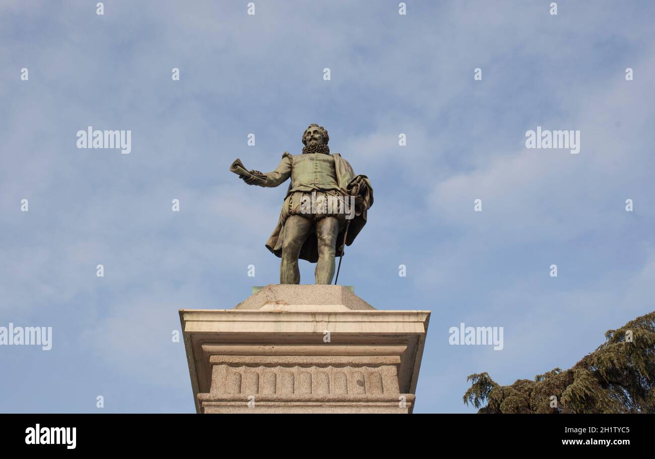 Spain, Madrid - March 6th, 2021: Miguel de Cervantes Saavedra statue. Erected in front of the Spanish Congress of Deputies, Madrid. By Antonio Sola in Stock Photo
