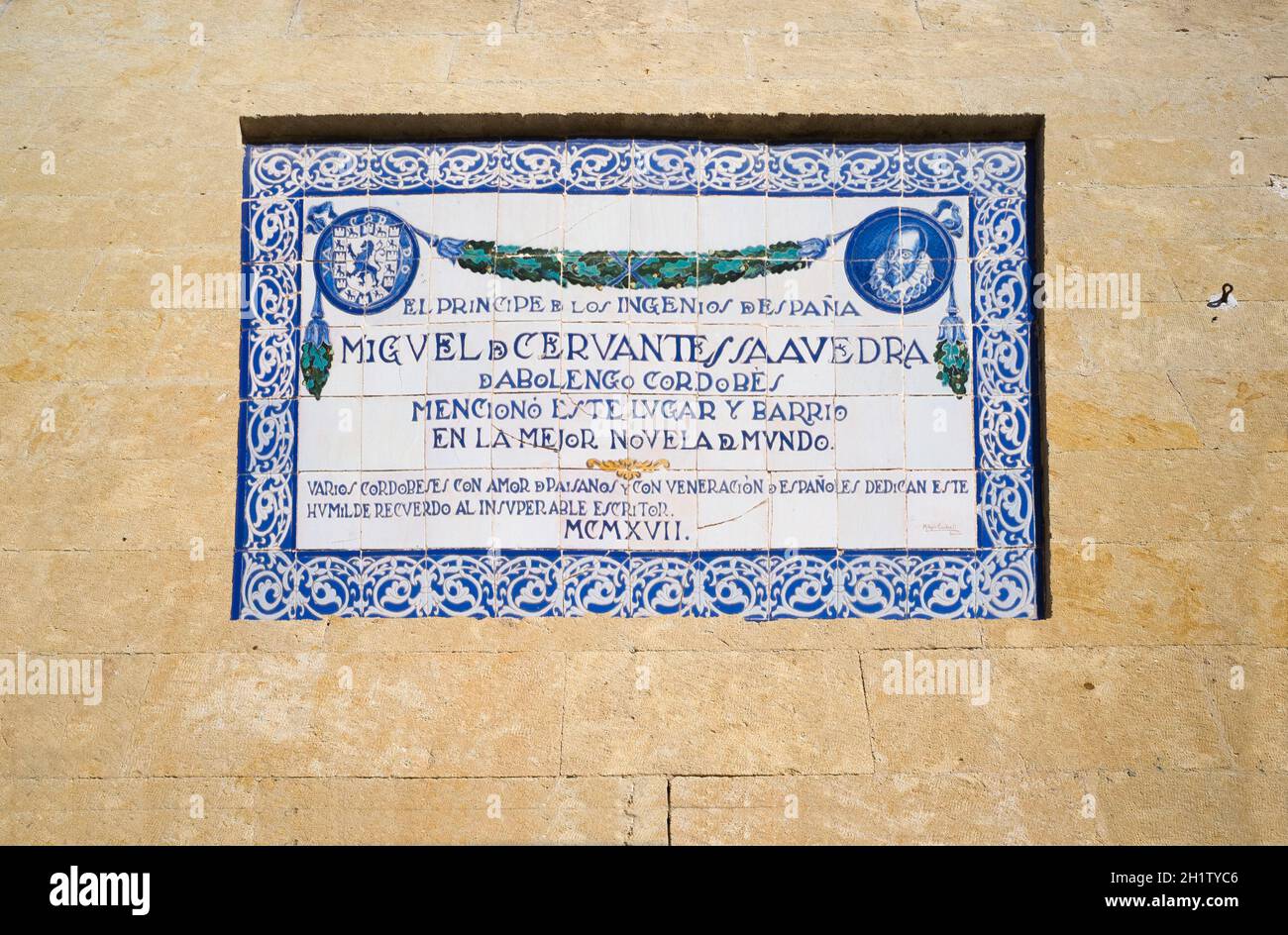 Cordoba, Spain - Dec 7th 2018: Miguel de Cervantes Saavedra memorial plaque. Plaza del Potro de Cordoba, Spain Stock Photo