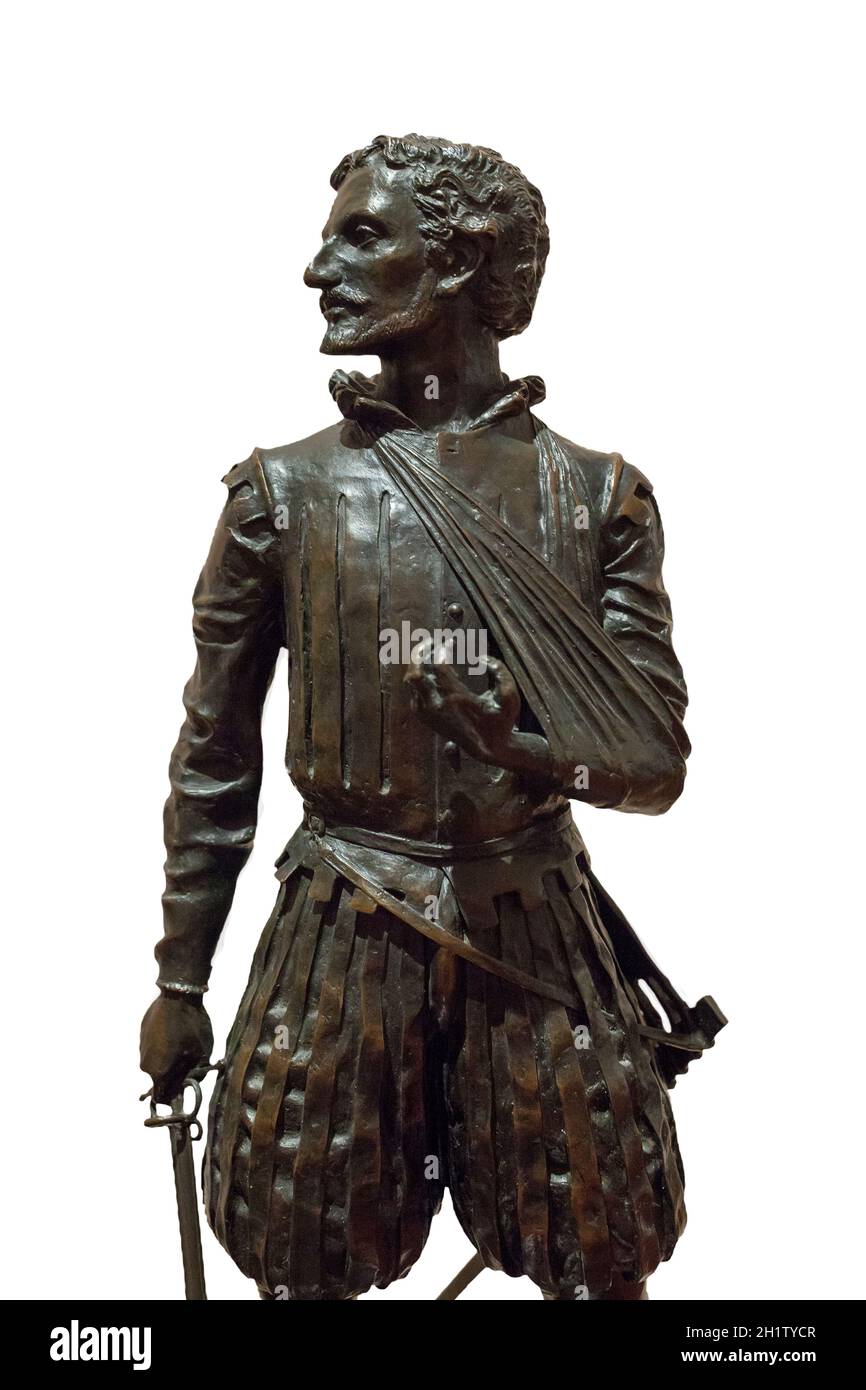 Madrid, Spain - March 6th, 2021: Miguel de Cervantes Saavedra statuette, depicted as Battle of Lepanto soldier. By Sergio Blanco, 1999. Museo Naval de Stock Photo