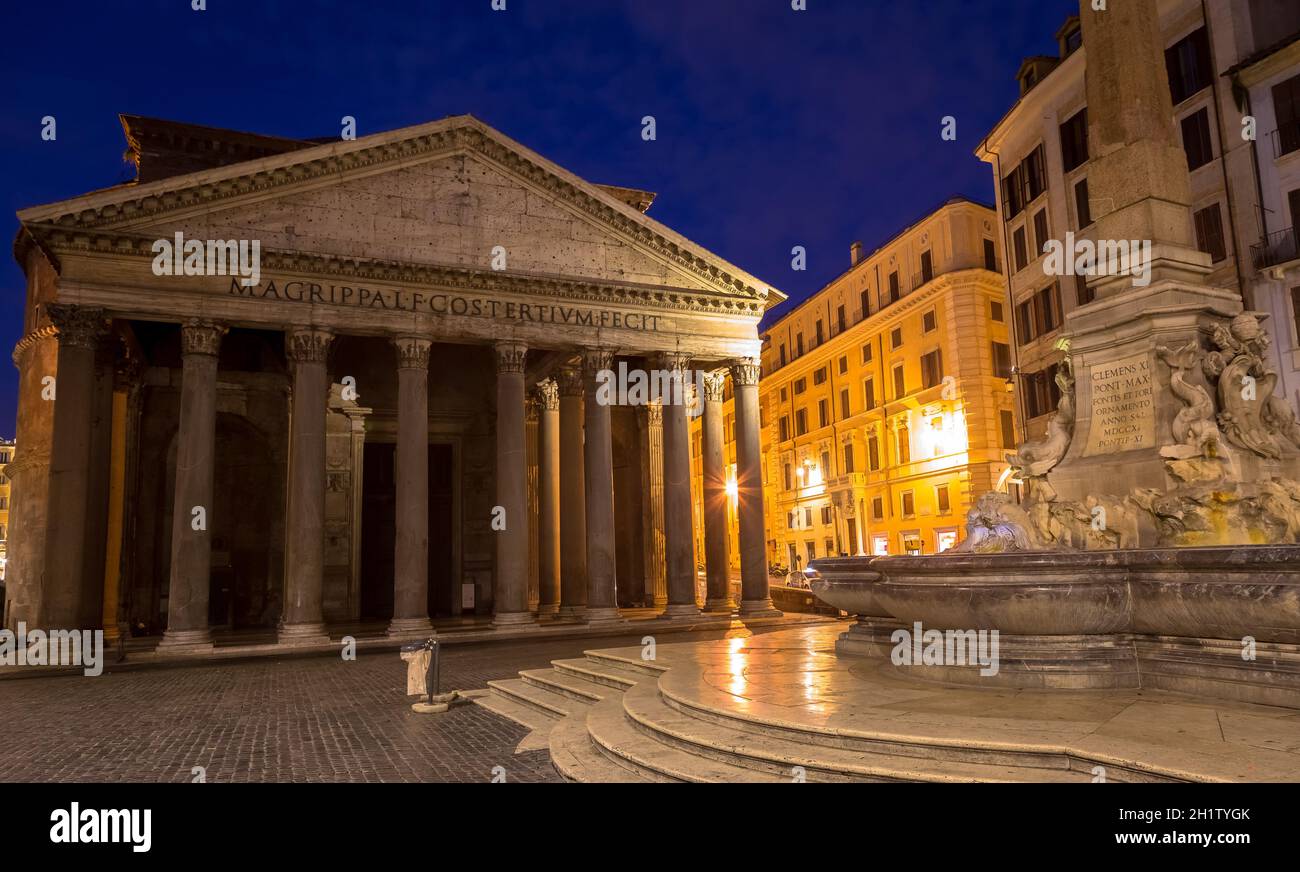 ROME, ITALY - CIRCA AUGUST 2020: illuminated Pantheon by night. One of the most famous historic landmark in Italy. Stock Photo