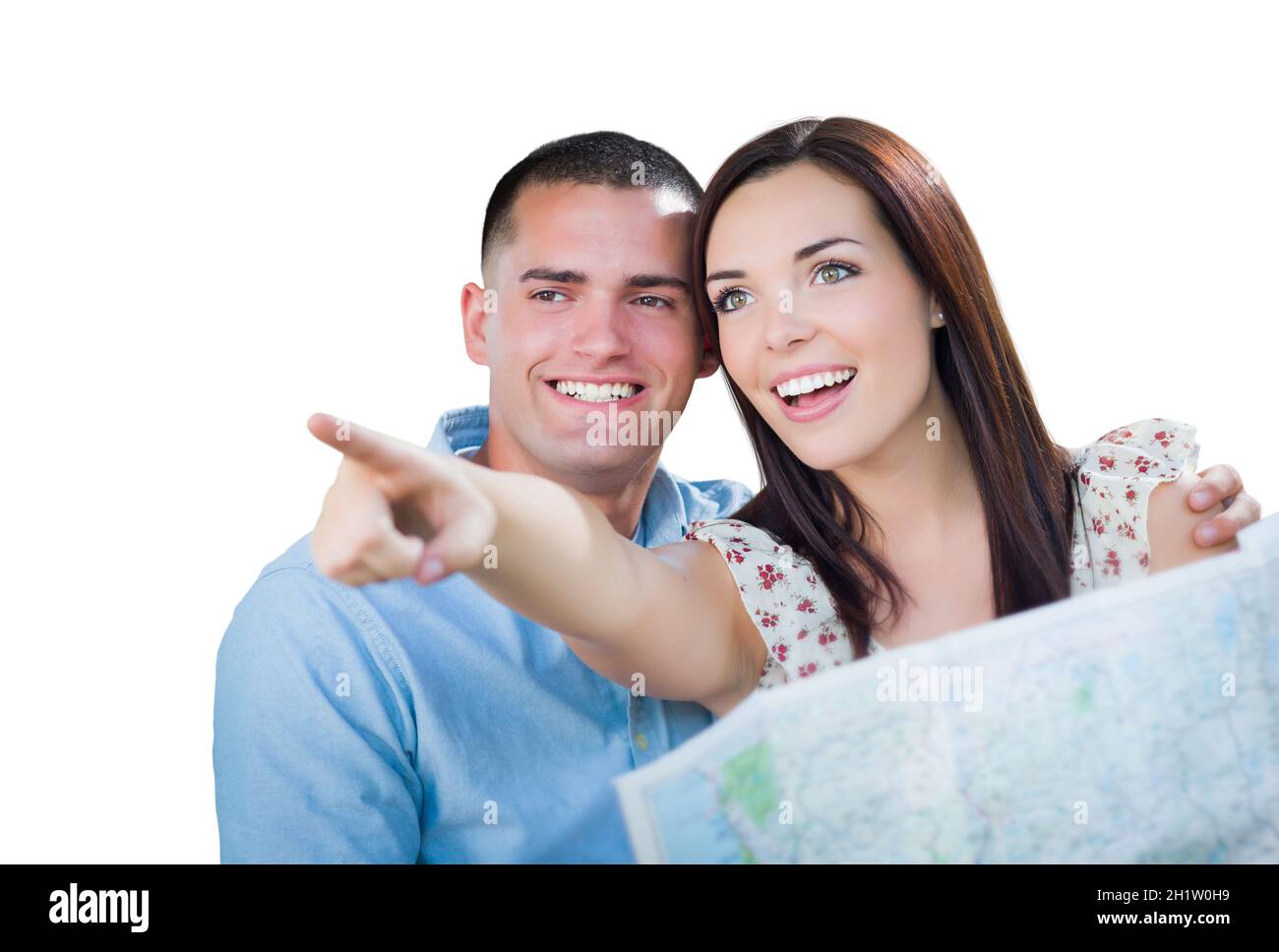 Young Military Couple Looking at Map Isolated on White. Stock Photo