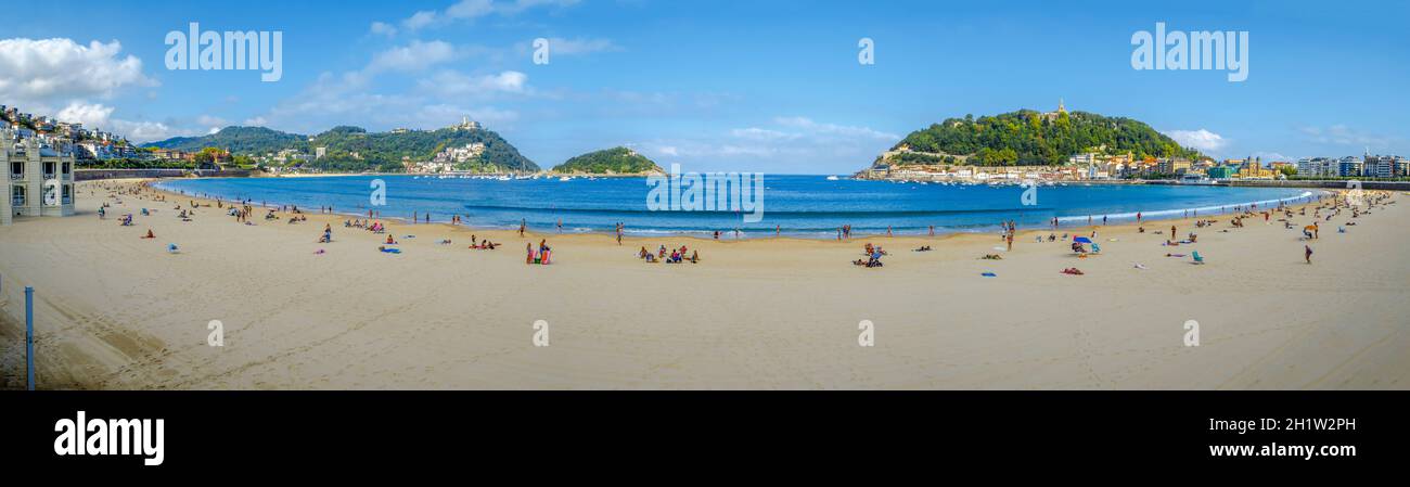 San Sebastian, Spain - September 13, 2020: Ocean near the bay of La Concha and the island of Santa Clara . Basque Country. Stock Photo