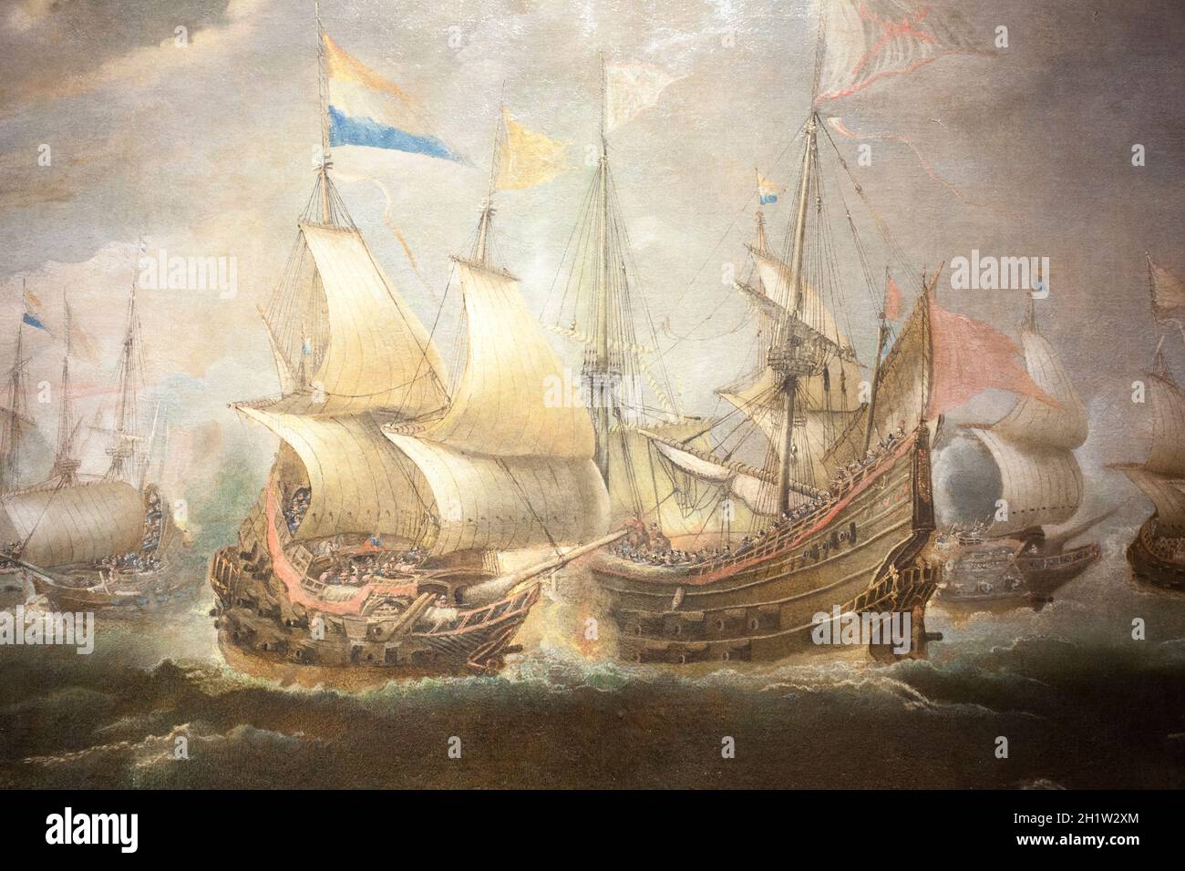 Naval combat between Spanish and Dutch ships. Anonymous  dutch artist. Mid-17th Century. Oil on canvas Stock Photo