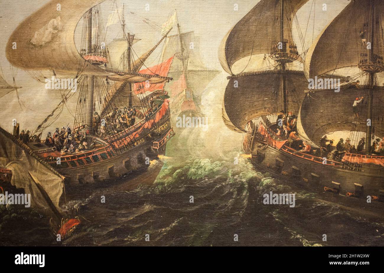 Fuengirola Naval combat between Spanish and Dutch ships, 1621. Anonymous artist. Naval Museum of Madrid Stock Photo