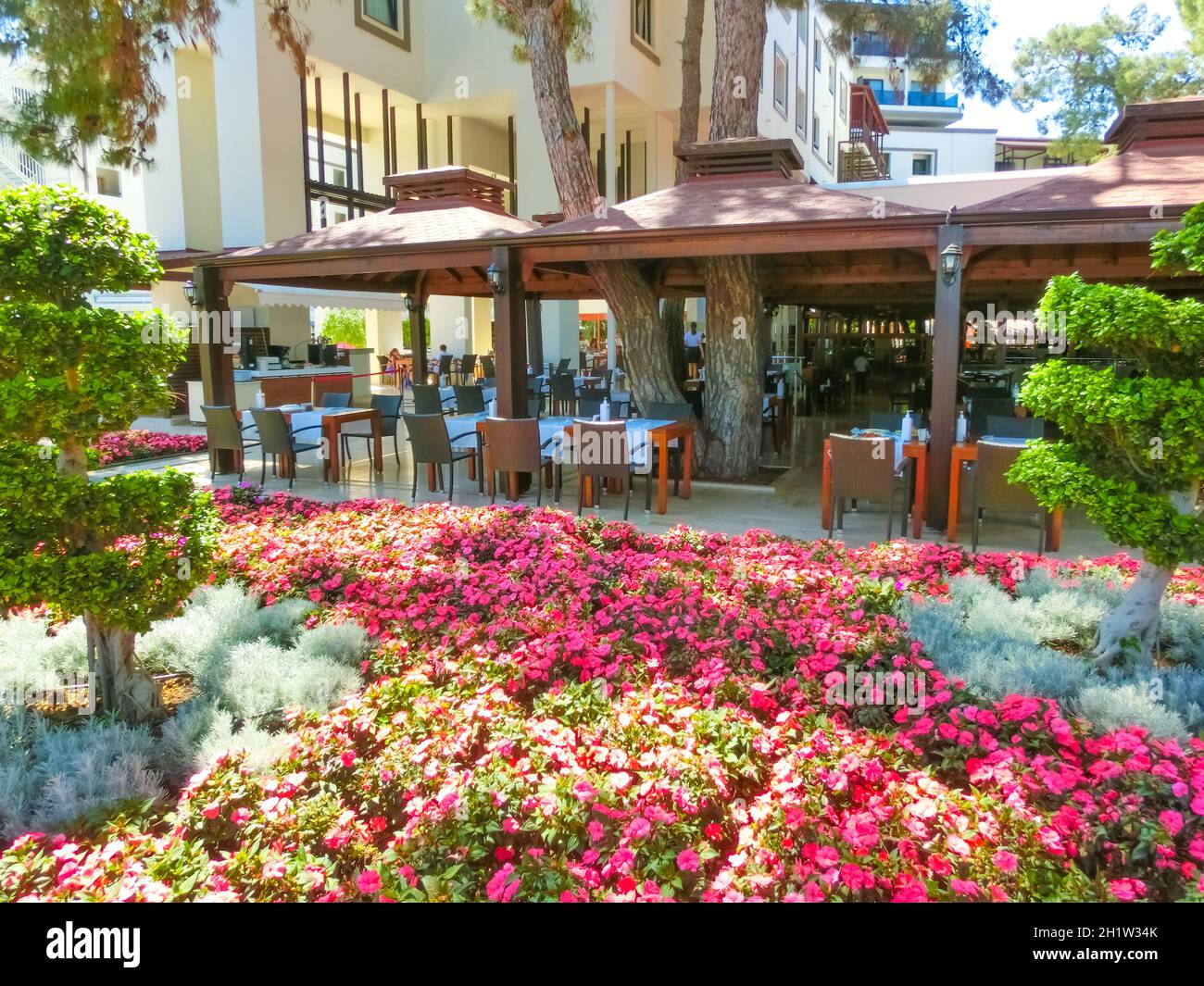 Goynuk, Antalya, Turkey - May 11, 2021: The outdoor buffet at Seven Seas Hotel Life Ultra All Inclusive and Kids Concept 5 star at Goynuk, Antalya, Tu Stock Photo