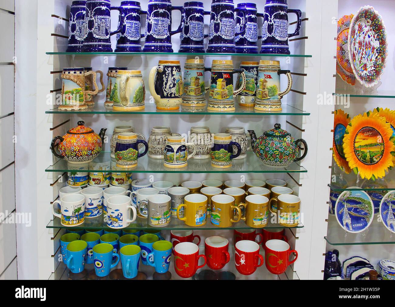 Close-up view of colorful Turkish plates displayed at an outdoor ...
