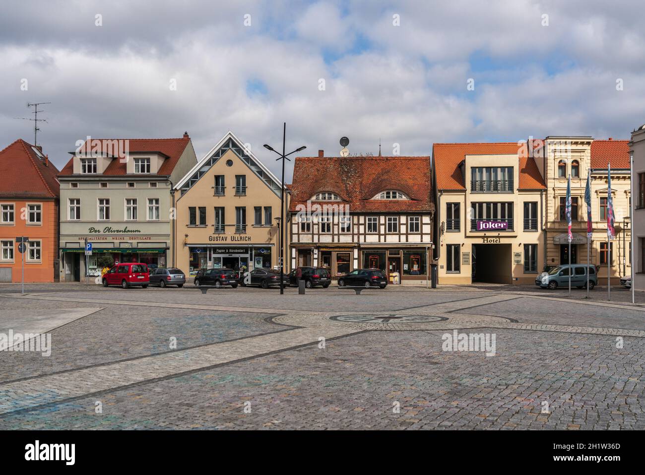 STENDAL, GERMANY - APRIL 24, 2021: Houses and buildings on the streets in the old town. Hansestadt Stendal is a medieval town in Saxony-Anhalt state. Stock Photo