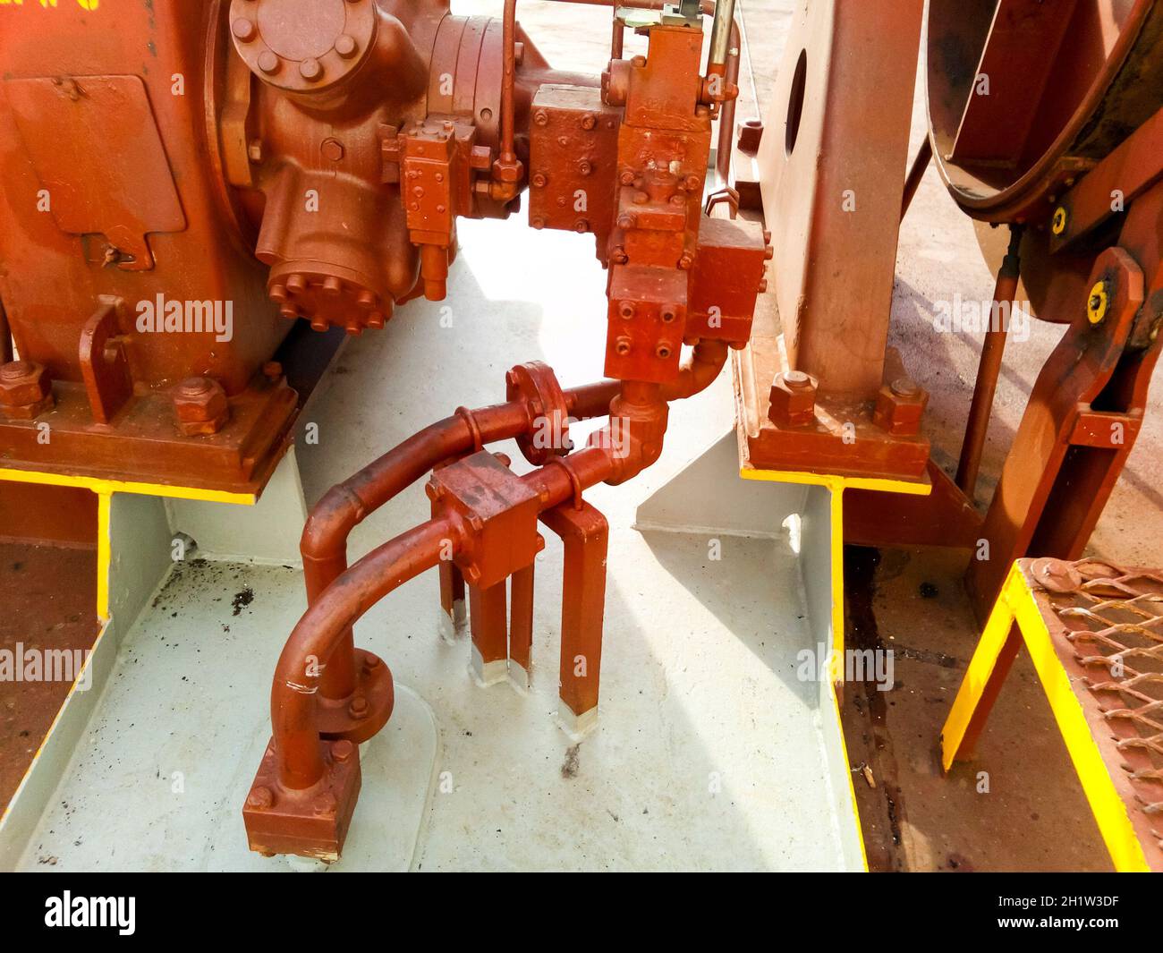 Manual shut-off valve of the outlet pipe of the water supply line of the fire-fighting system. Stock Photo