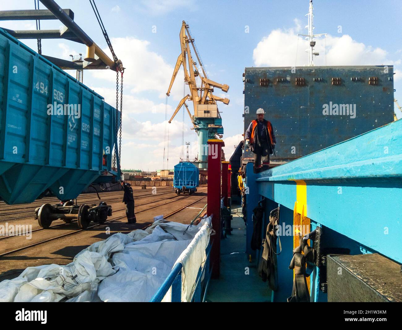 Novorossiysk, Russia October 10, 2017 Wagon of the hopper for unloading on a cargo ship