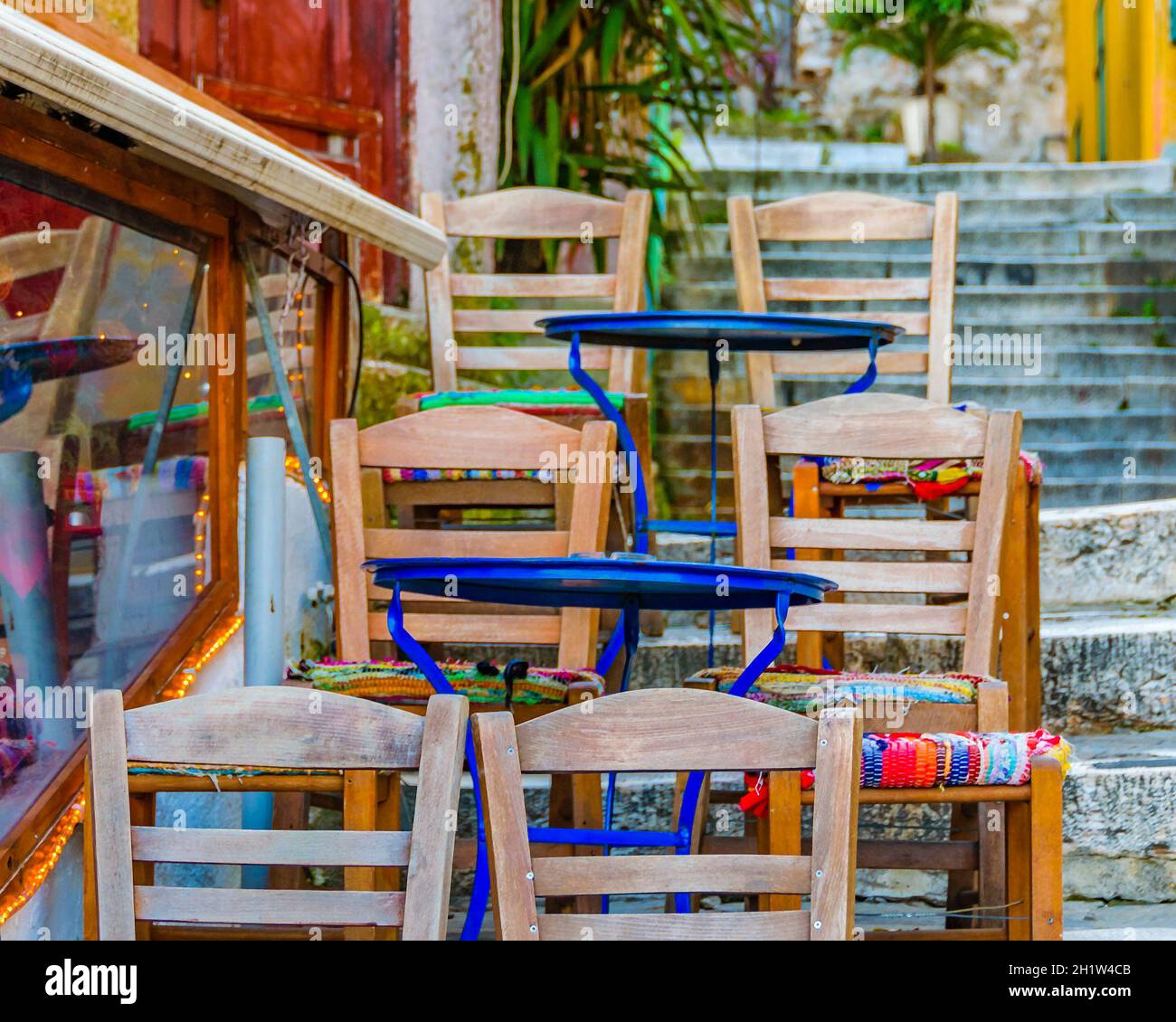 Colored rustic style empty bar at typical touristic restaurants zone in ...