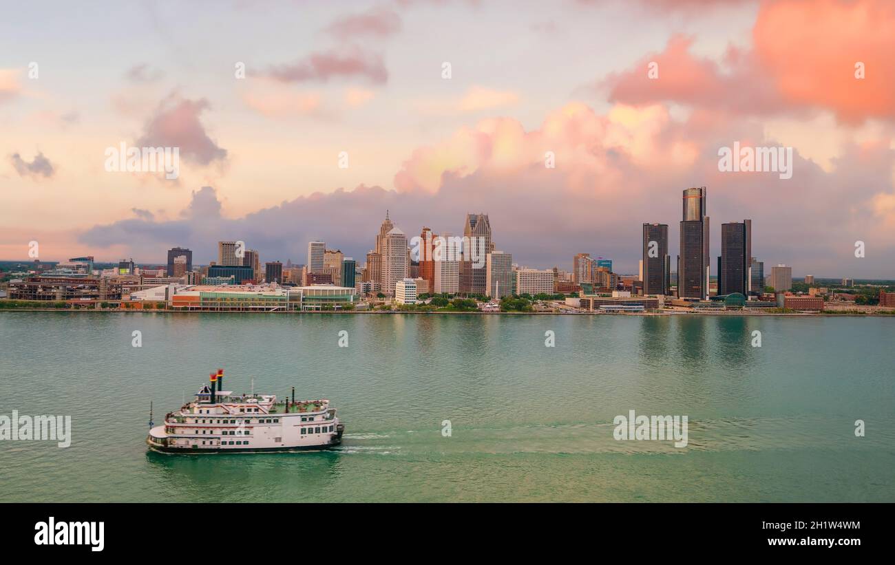 Cityscape of Detroit skyline in Michigan, USA at sunset shot from Windsor, Ontario Canada Stock Photo
