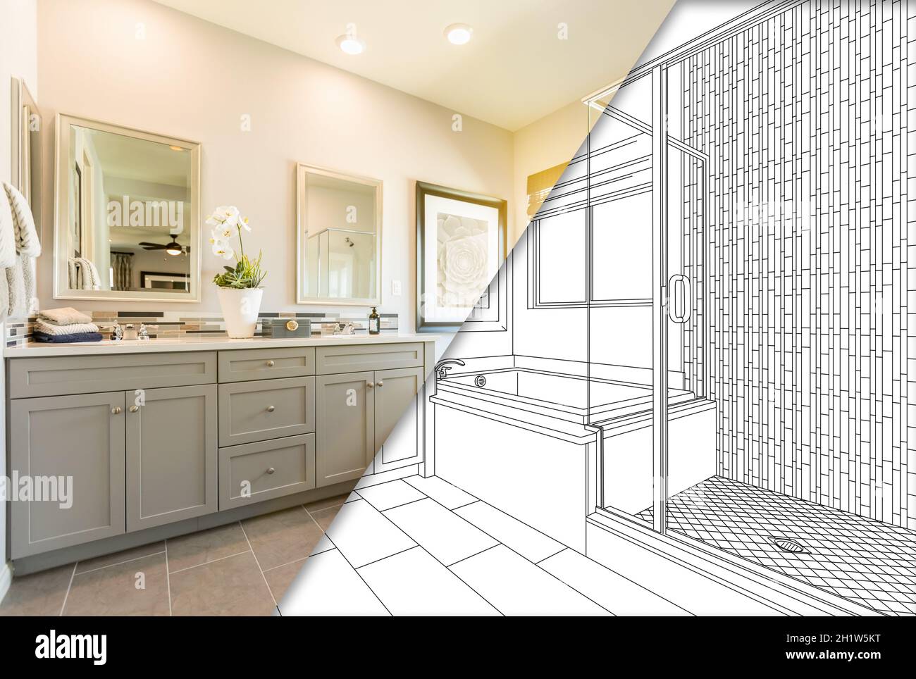 Custom Master Bahroom Design Drawing with Cross Section of Finished Photo. Stock Photo