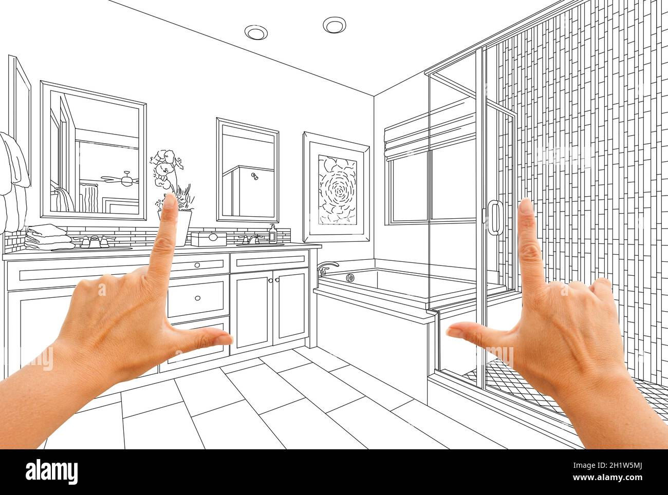 Hands Framing Custom Master Bathroom Drawing. Stock Photo