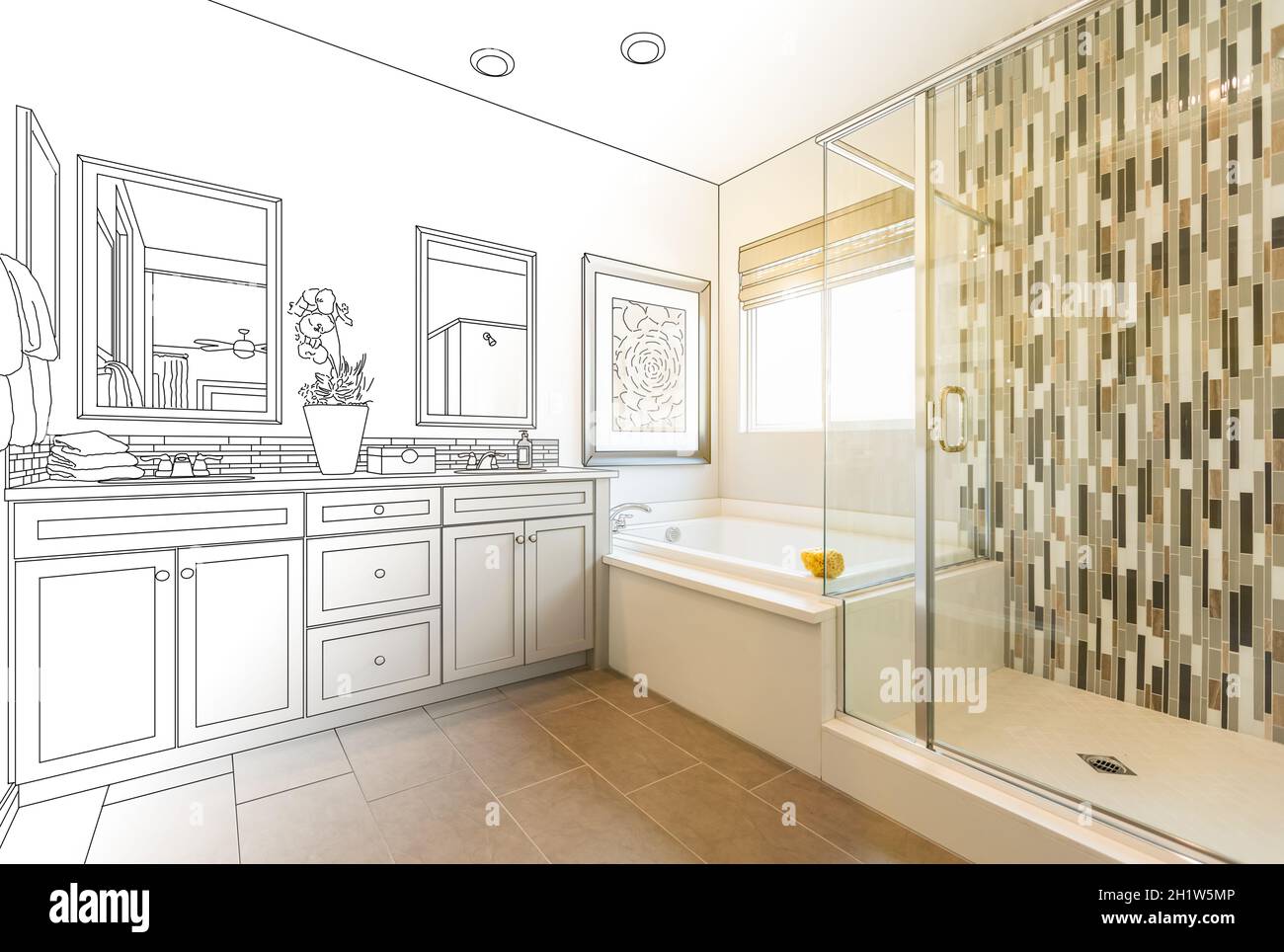 Custom Master Bathroom Design Drawing Gradating to Finished Photo Stock