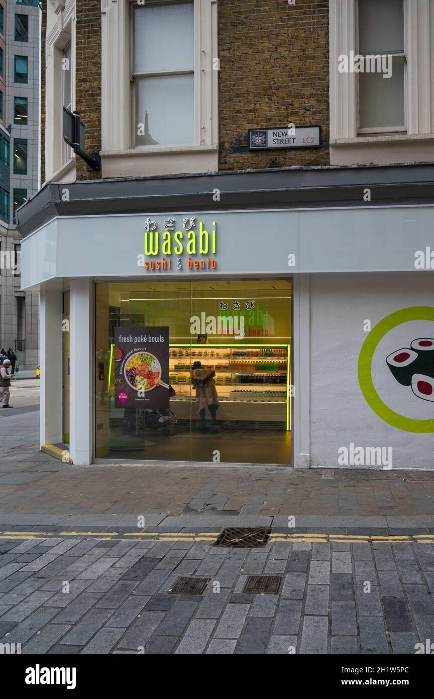 Wasabi sushi and bento take away food shop on the corner of New Street and  Bishopsgate. London, England, UK Stock Photo - Alamy