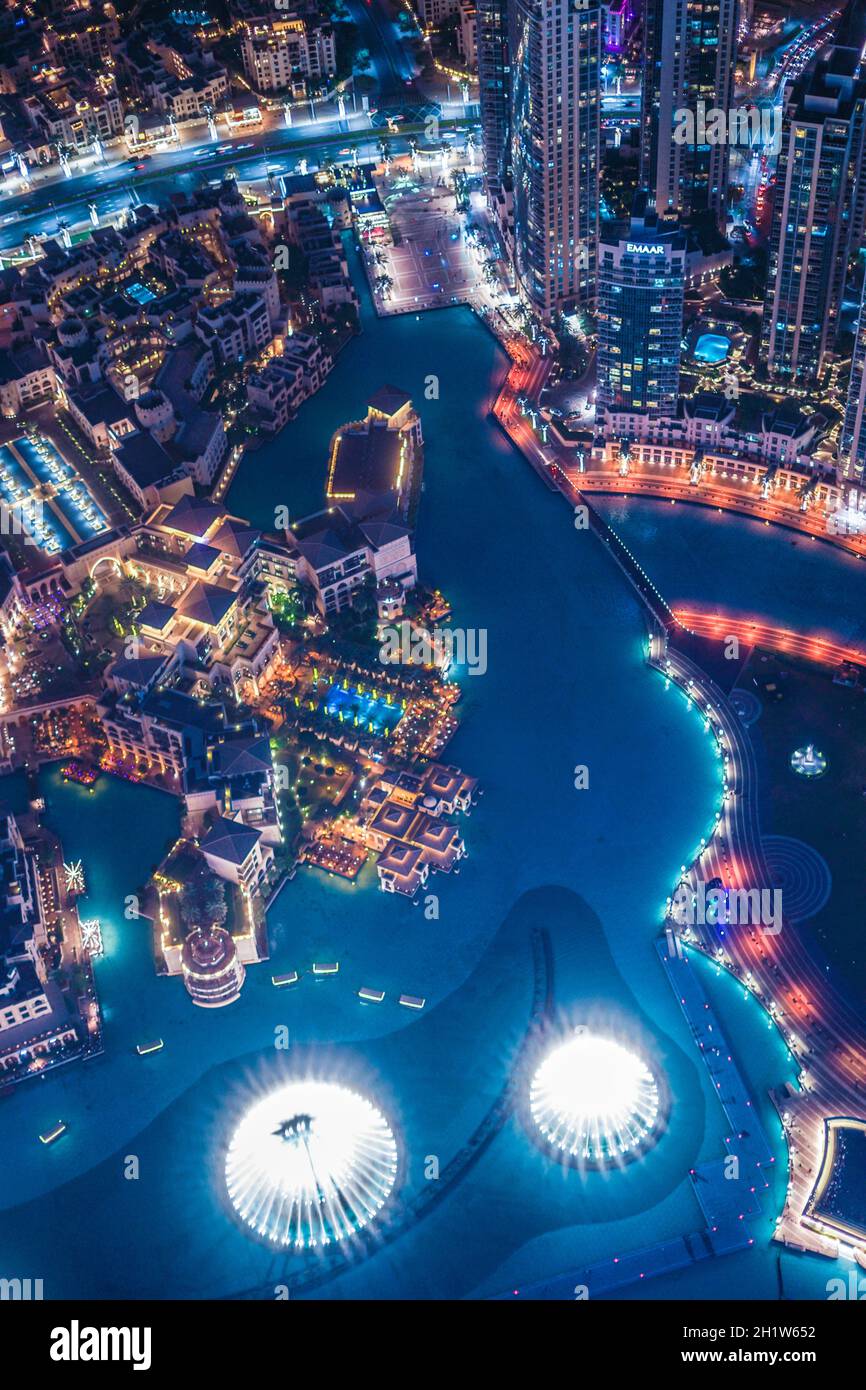 Dubai night view seen from the observation deck of Burj Khalifa. Shooting Location: Dubai Stock Photo