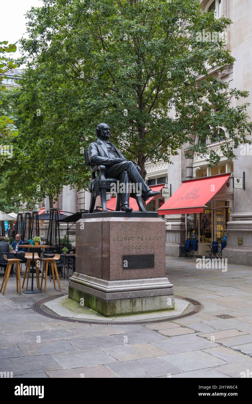 Statue of George Peabody in Royal Exchange Avenue, City of London, England, UK Stock Photo