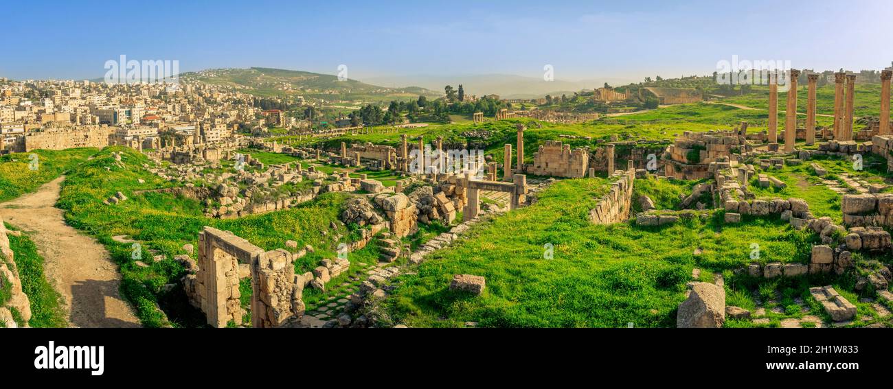 Panorama overview of the Roman site of Gerasa, Jerash, Jordan, with ...