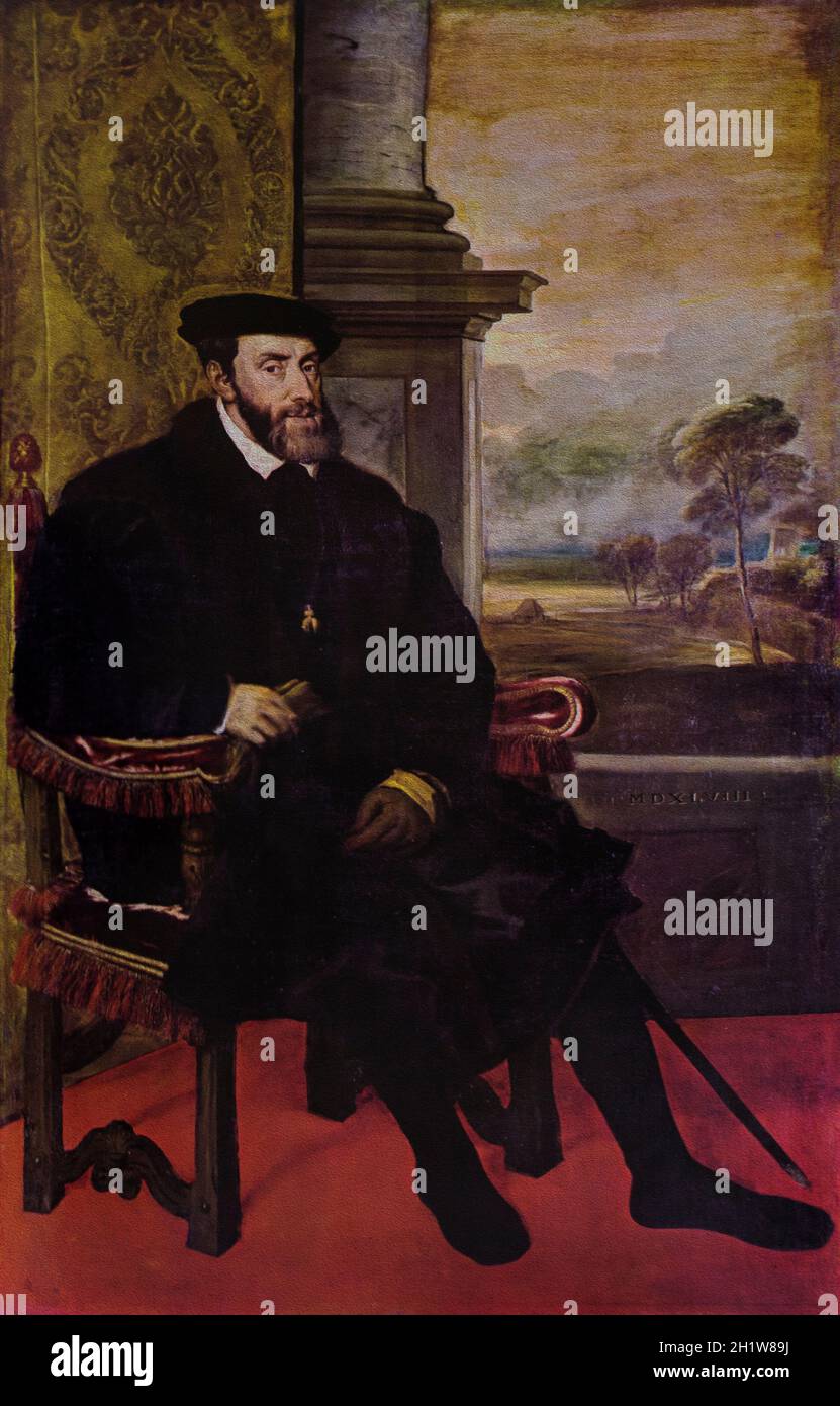 The Emperor Charles V seated, King of Spain, painted by Tiziano in 1548. Alte Pinakothek, Munich Stock Photo