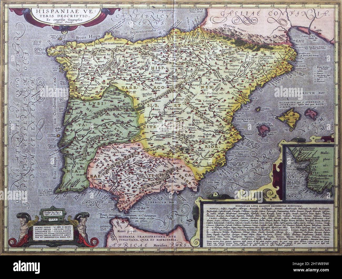 Iberian Peninsula ancient roman historic map of 1586. From Additamentum Theatri Orbis Terrarum by Abraham Ortelius Stock Photo