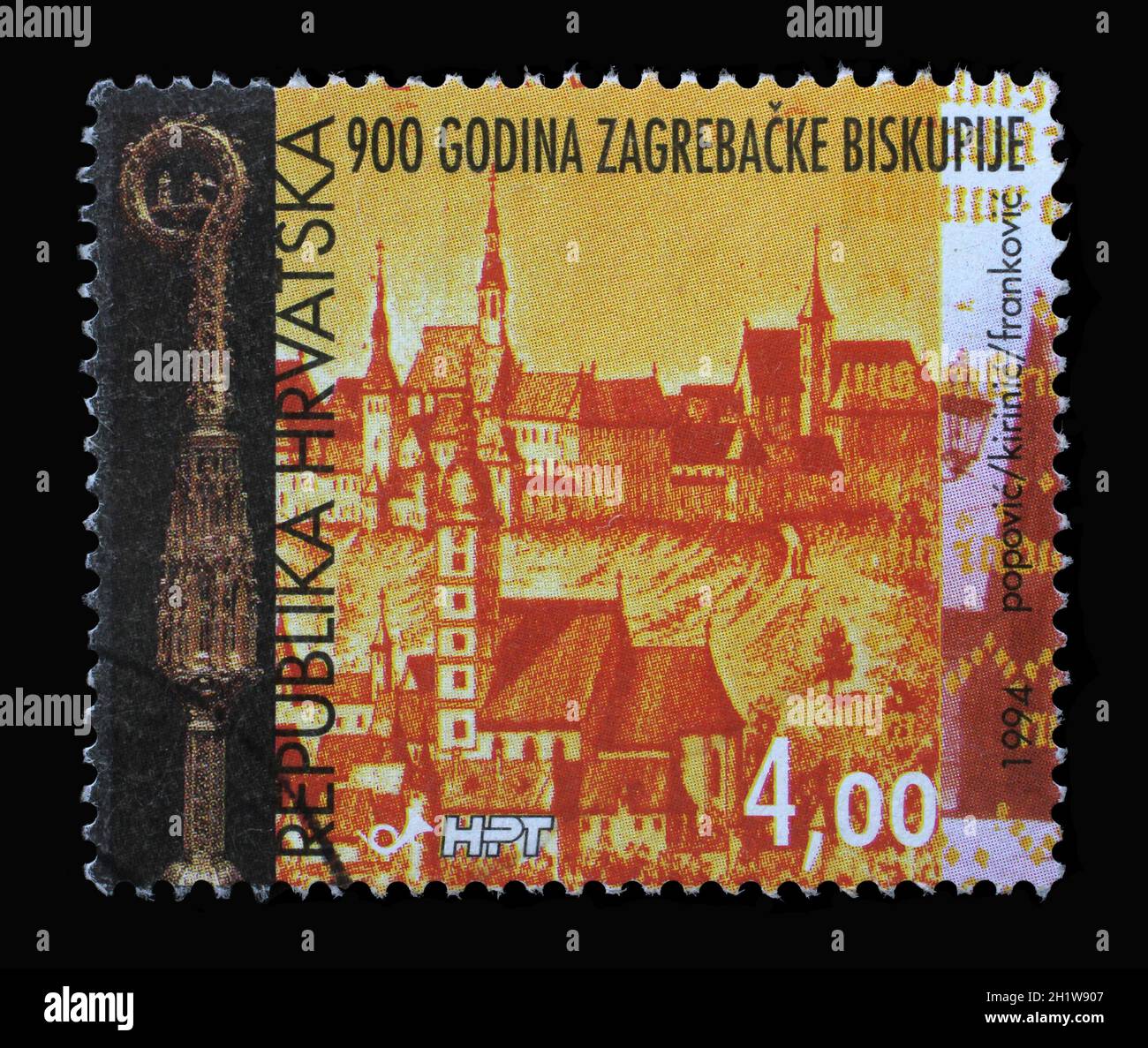 A stamp printed in Croatia shows Bishop's crosier and view of Zagreb by Valvasor, 900th Anniversaries of Zagreb and Zagreb Bishopric, circa 1994 Stock Photo