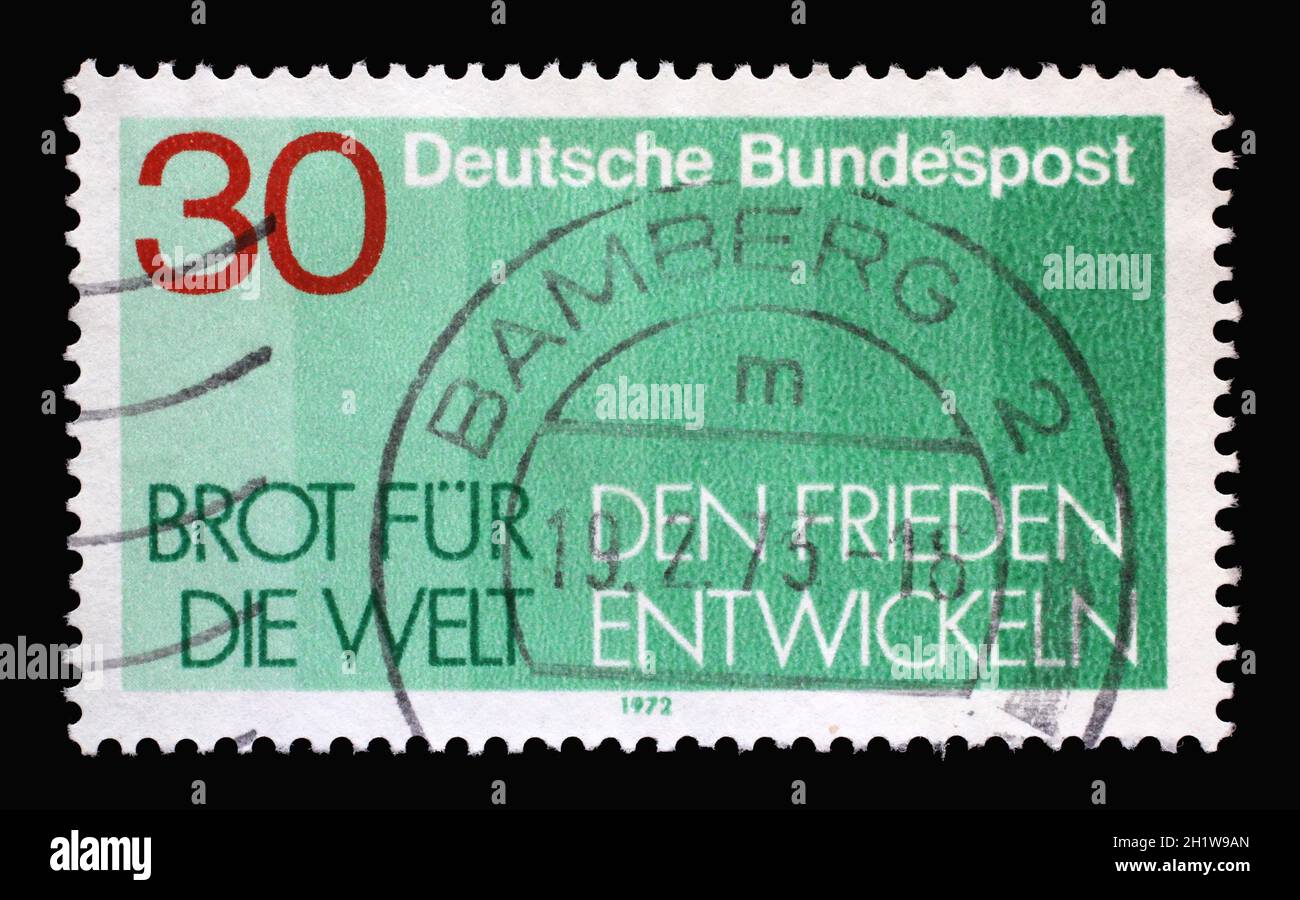 A stamp printed in Germany shows 14th “Bread for the World-Developing Peace” campaign of the Protestant Church in Germany, circa 1972 Stock Photo