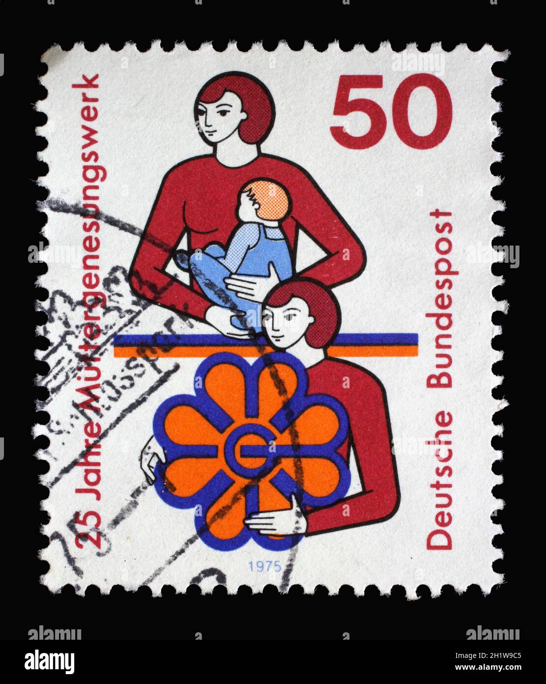A stamp printed in Germany showing a mother and child as well as woman, 25th Anniv. of Organisation for the Rest and Recuperation of Mothers, Convales Stock Photo