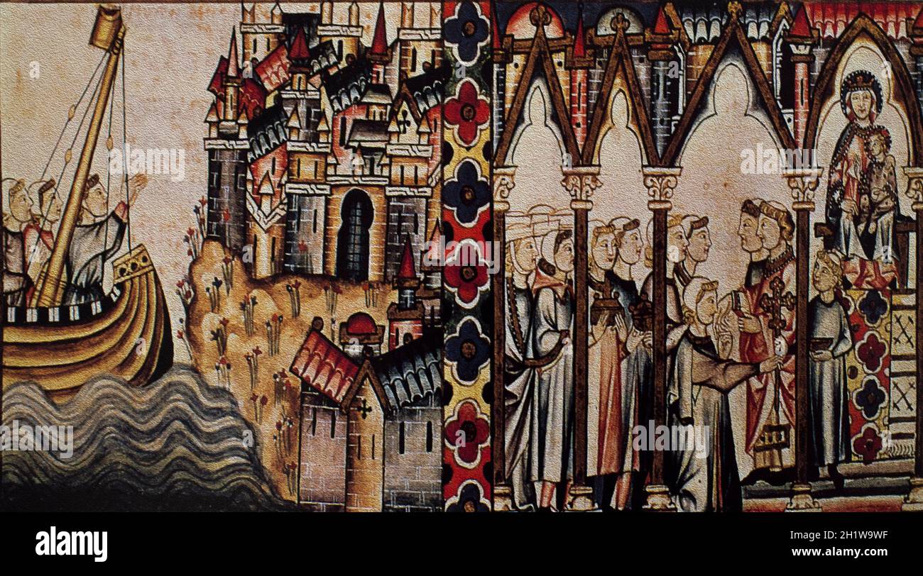 Medieval fabric merchants scene.  Happy arrival. Cantigas de Santa Maria inspired by Alfonso X of Castile, El Sabio. El Escorial Library Stock Photo