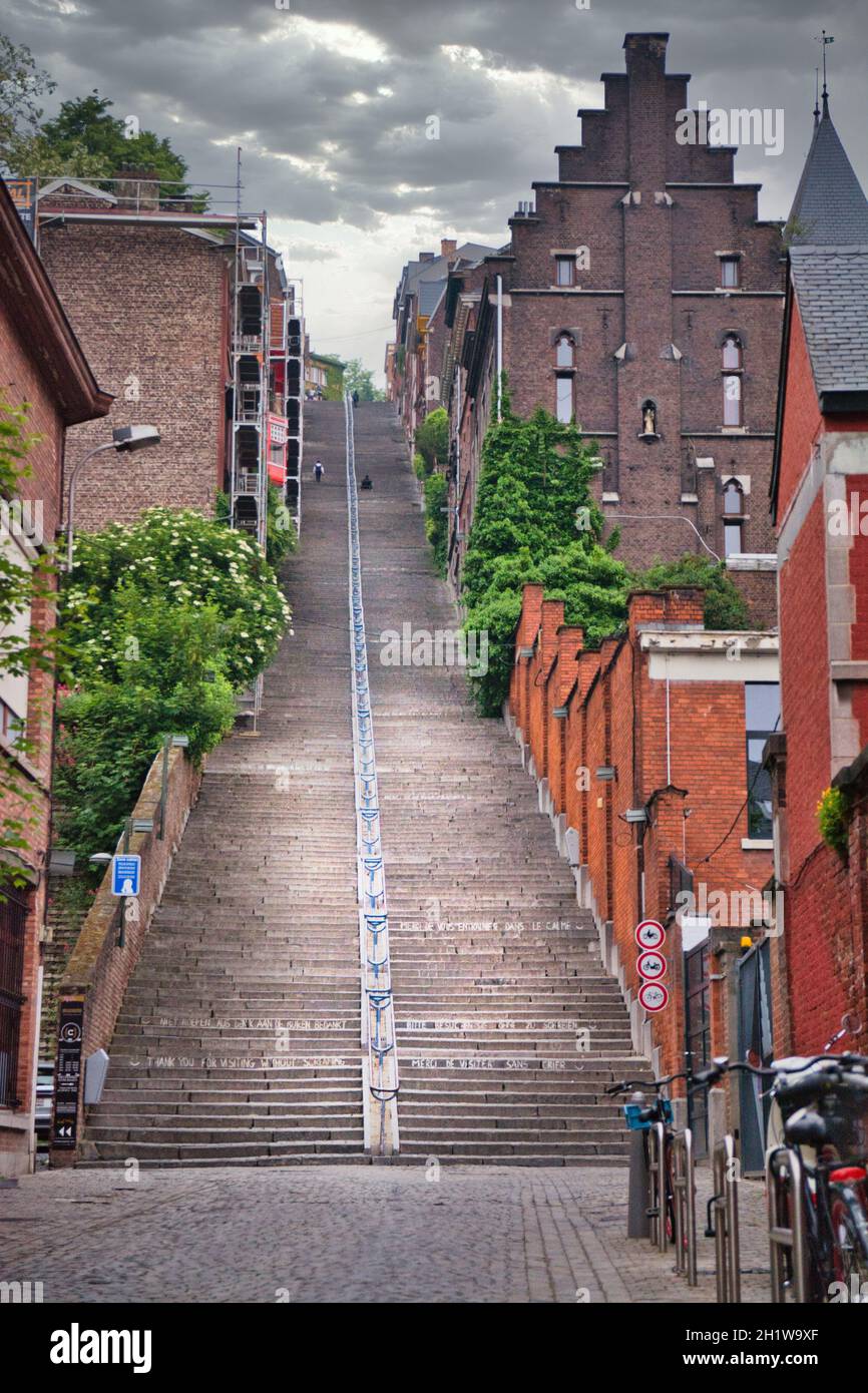 Liege, Belgium, June 2021: Famous Montagne de Bueren stairs in Liege, Belgium. 374 steps staircase. Stock Photo