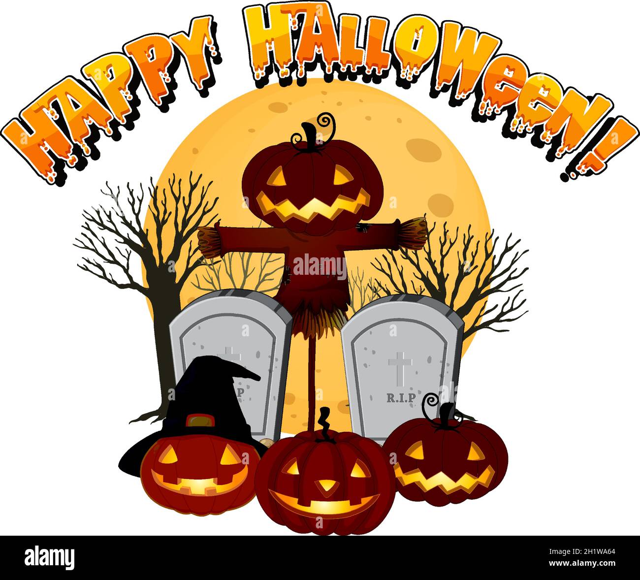 Happy Halloween With Jack o lantern At Graveyard Illustration Stock