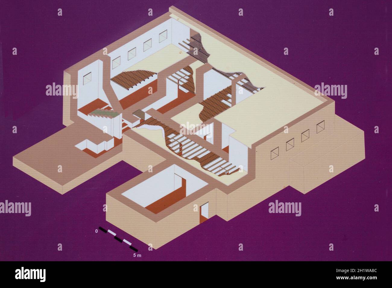 Campanario, Spain - May 17th 2018: La Mata archeological site. Hypothetical depiction of protohistoric building. Elevation view. Campanario, Extremadu Stock Photo